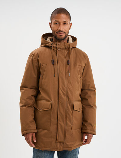 Parka mi-longue doubl&eacute;e &agrave; capuche marron homme
