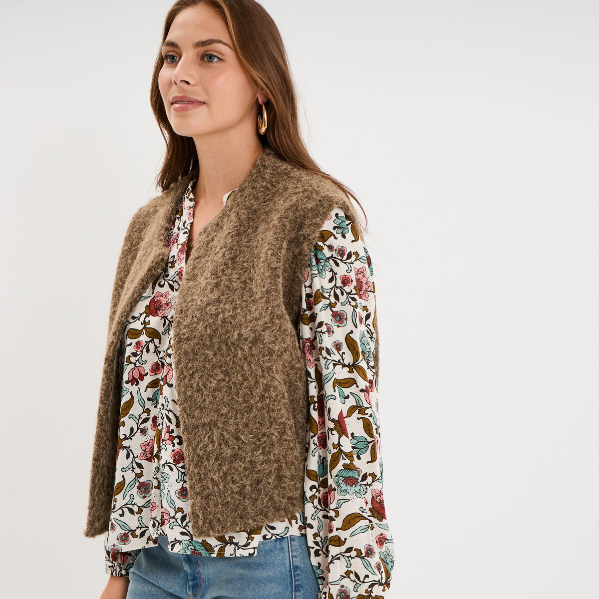 Veste sans manches effet bouclette vert kaki femme