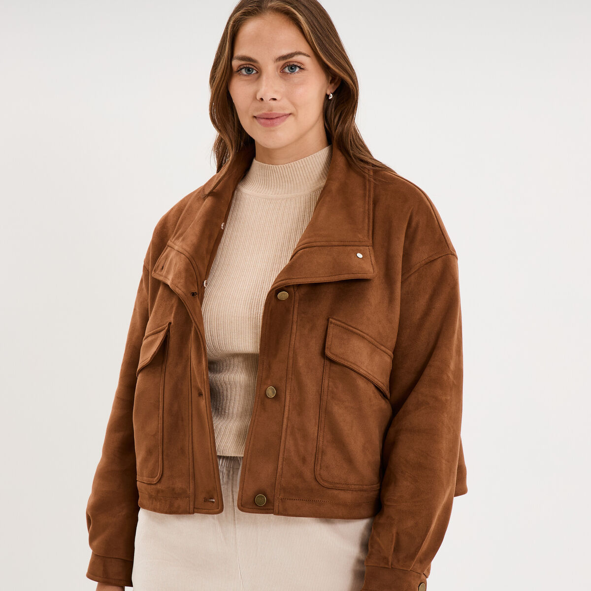 Veste effet su&eacute;dine col fausse fourrure marron femme