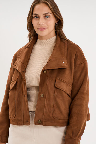 Veste effet su&eacute;dine col fausse fourrure marron femme