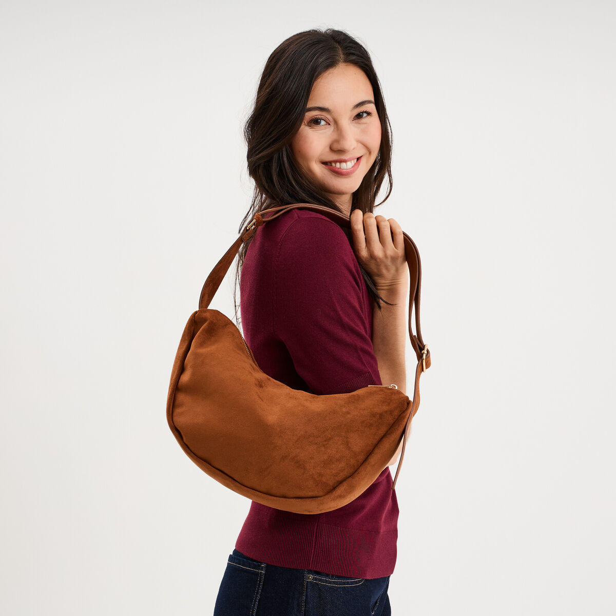 Sac banane effet su&eacute;dine camel femme