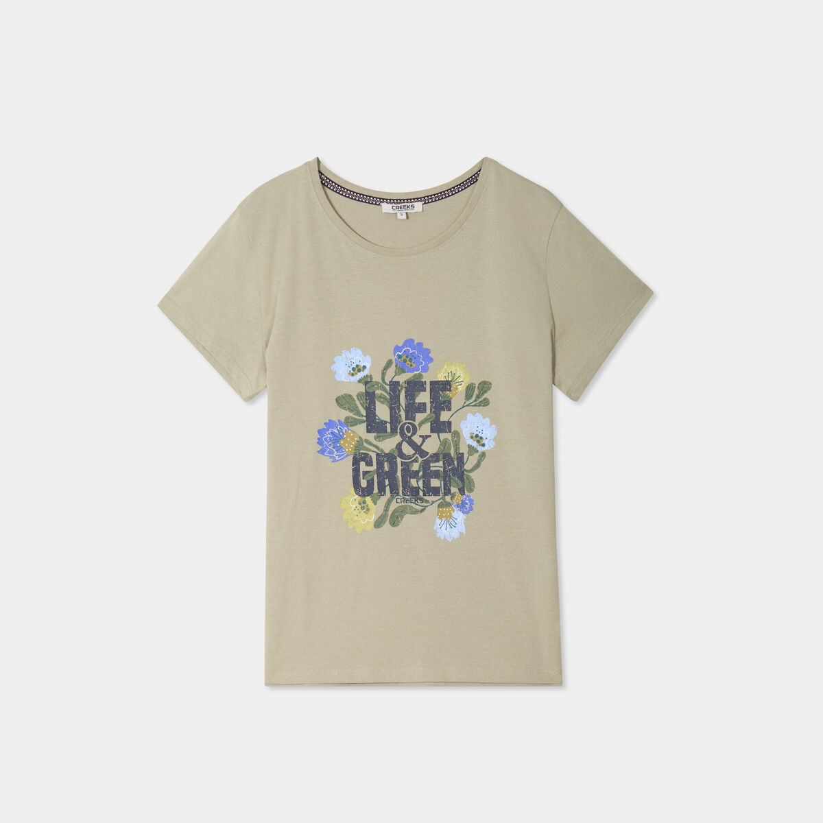 T-shirt ajusté col rond coton Creeks vert kaki femme