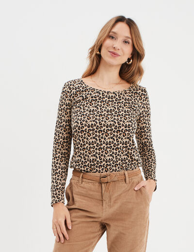 T-shirt col rond manches longues coton sable femme