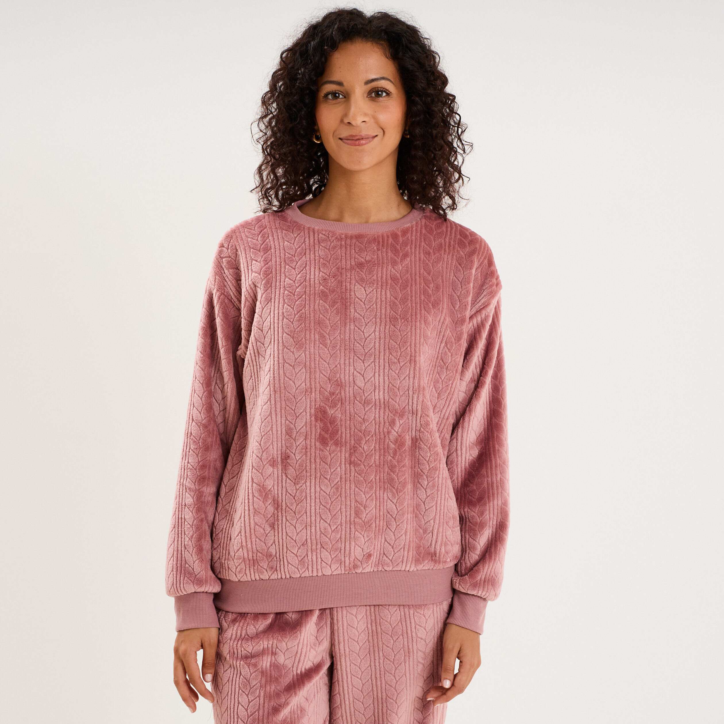 Haut de pyjama sweat polaire torsadé rose framboise femme LH