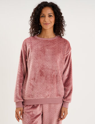 Haut de pyjama sweat polaire torsad&eacute; rose framboise femme