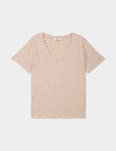 T-shirt manches courtes col en V coton beige femme
