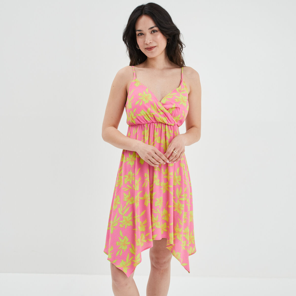 Robe midi asymétrique patineuse à coques rose femme