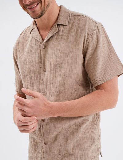 Chemise manches courtes gaze de coton taupe homme