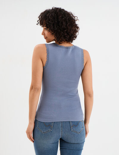 Débardeur coton bords dentelle bleu gris femme