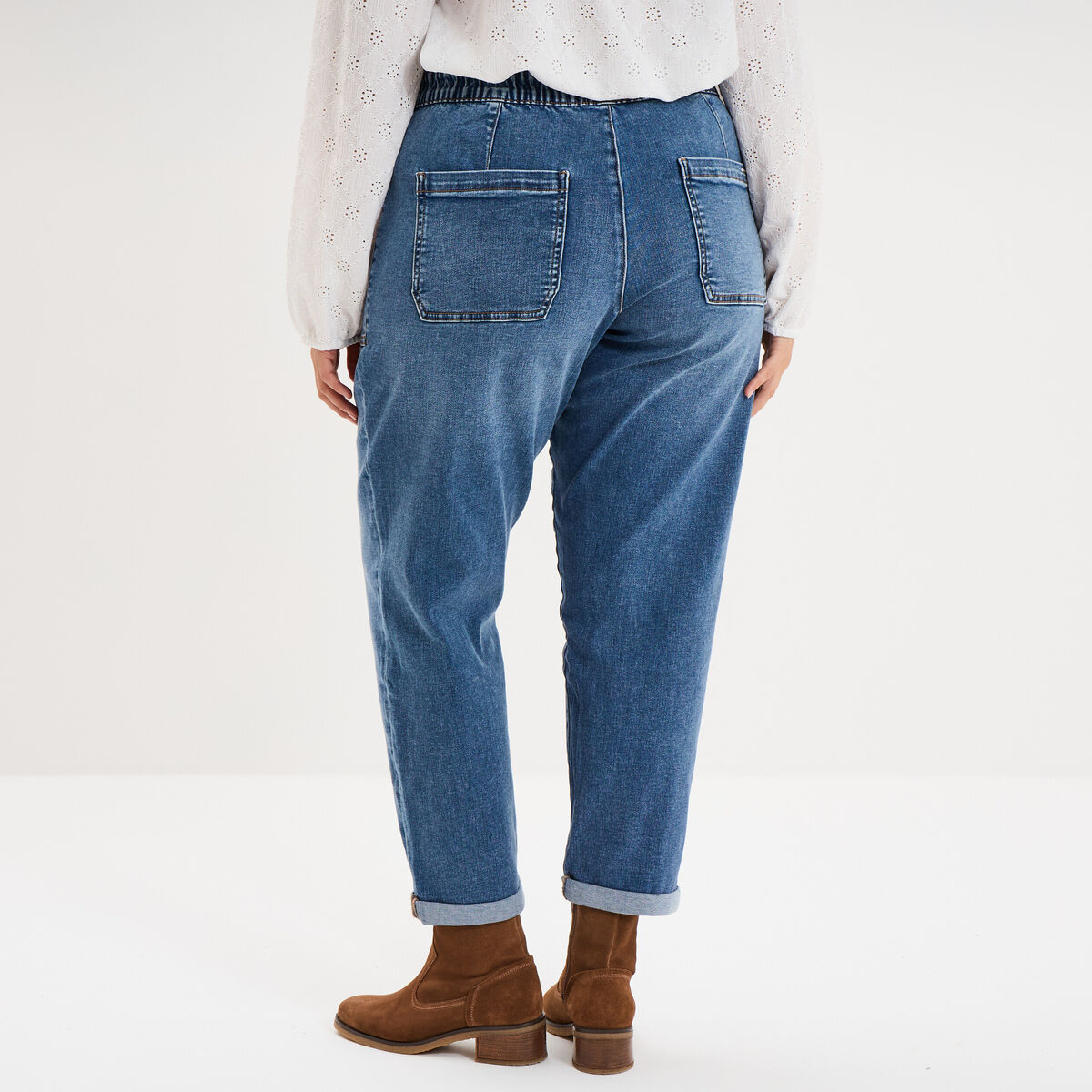 Jean droit taille &eacute;lastiqu&eacute;e &agrave; revers denim stone femme grande taille