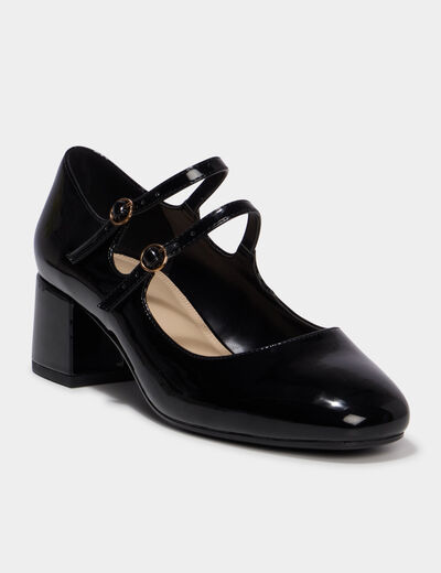 Escarpin double bride effet verni noir femme