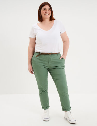 Pantalon chino taille haute coton vert kaki femme grande taille