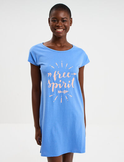 Chemise de nuit courte coton bleu electrique femme