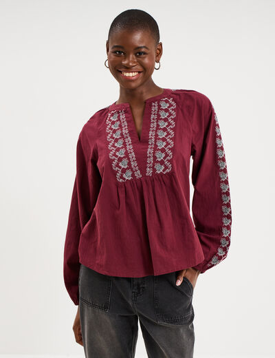 Blouse brod&eacute;e oversize coton bordeaux femme