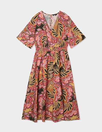 Robe longue col en V taille élastiquée multicolore femme