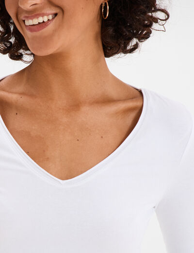 T-shirt manches longues col en V coton blanc femme
