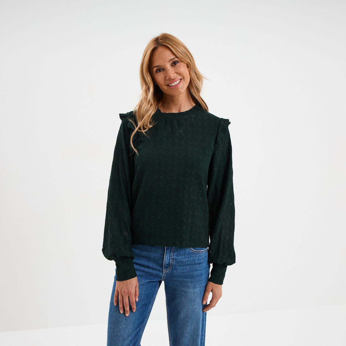 Blouse détails ajourés et volants vert foncé femme