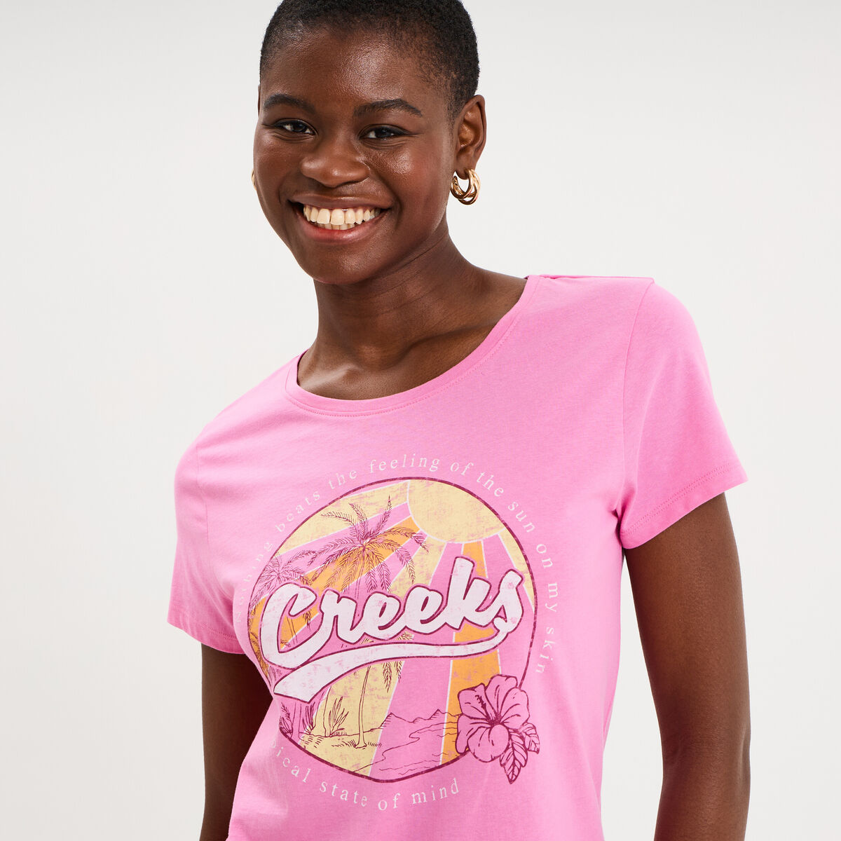T-shirt manches courtes col rond coton rose femme
