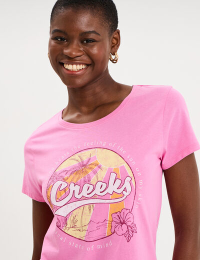 T-shirt manches courtes col rond coton rose femme