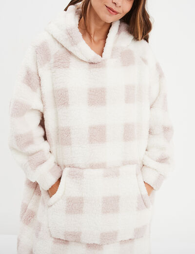 Poncho plaid effet polaire à capuche rose femme