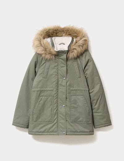 Parka &agrave; capuche fausse fourrure vert kaki fille