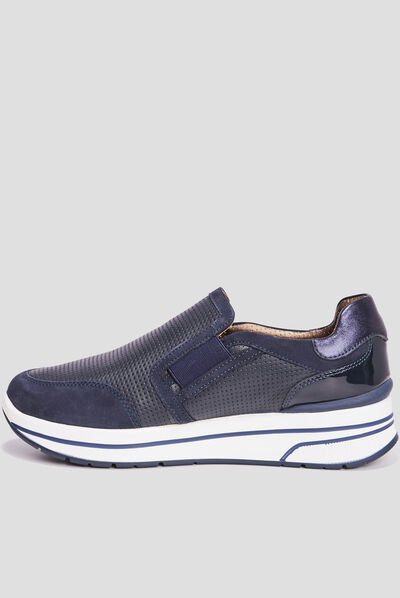 Loafers emboîtants en cuir pied large bleu marine femme
