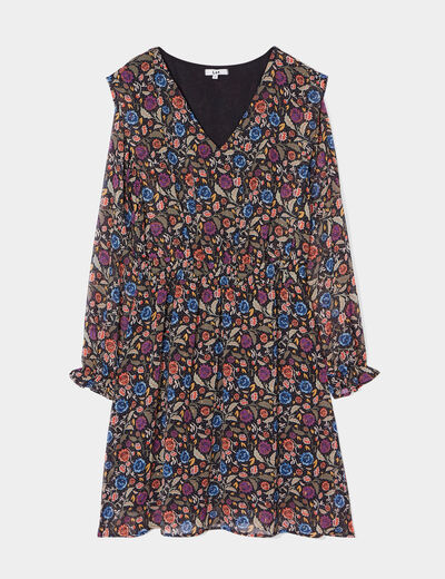 Robe évasée taille élastiquée col en V multicolore femme