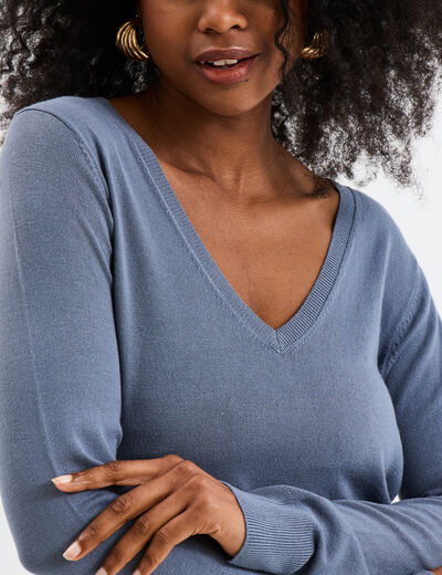 Pull col en V manches longues bleu gris femme