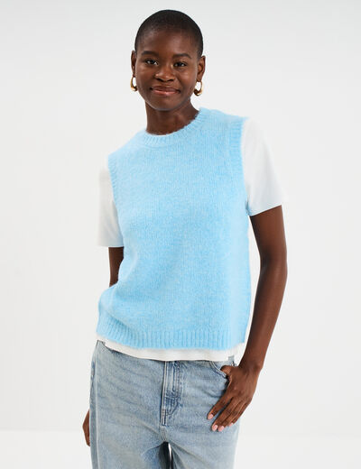 Pull sans manches col rond bleu clair femme