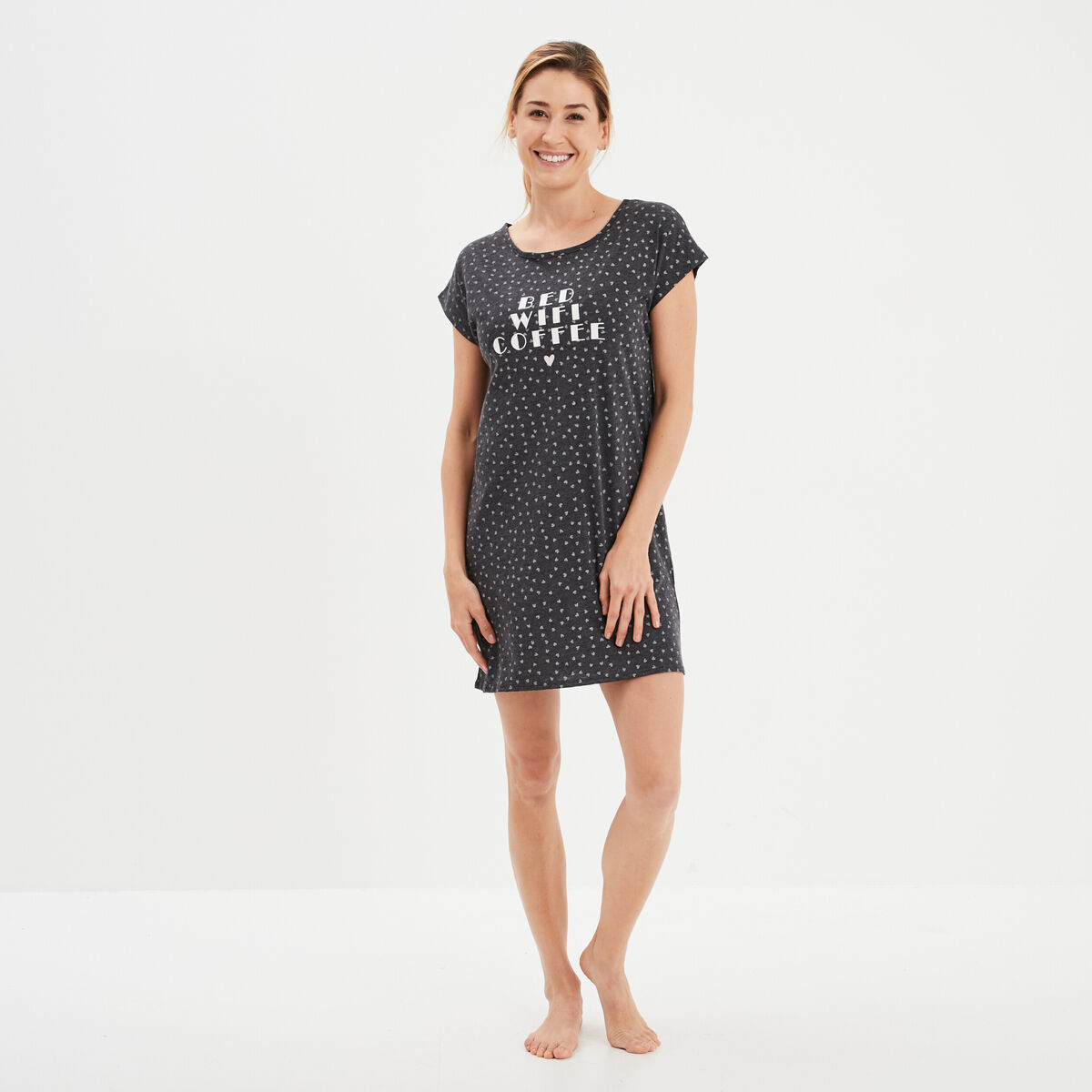 Chemise de nuit manches courtes gris fonc&eacute; femme