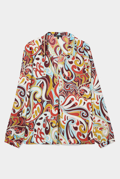 Blouse satin col en V à revers noir femme