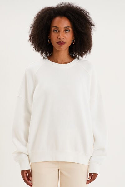 Sweat col rond oversize manches longues blanc femme