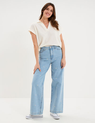 Jean large brod&eacute; taille haute coton denim triple stone femme