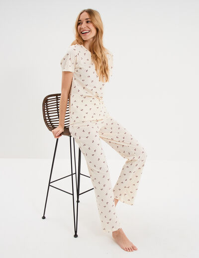 Ensemble pyjama t-shirt pantalon coton ecru femme