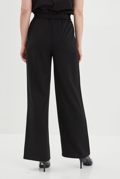 Pantalon large ceinturé noir femme