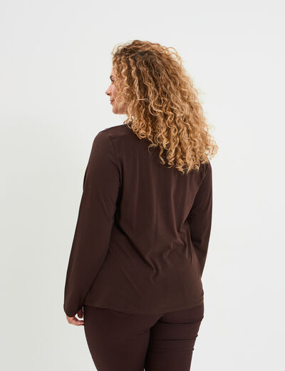 T-shirt col en V manches longues coton marron foncé femme grande taille