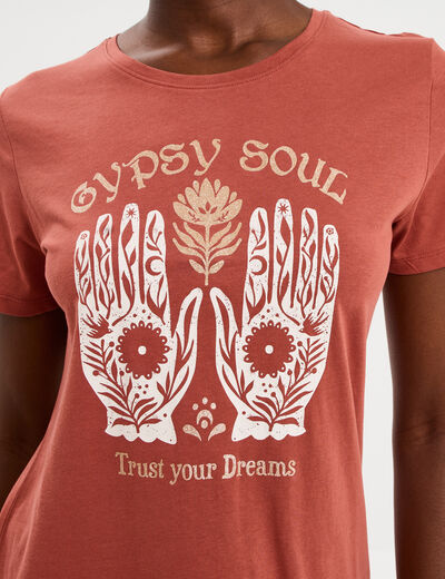 T-shirt ajust&eacute; manches courtes coton terracotta femme