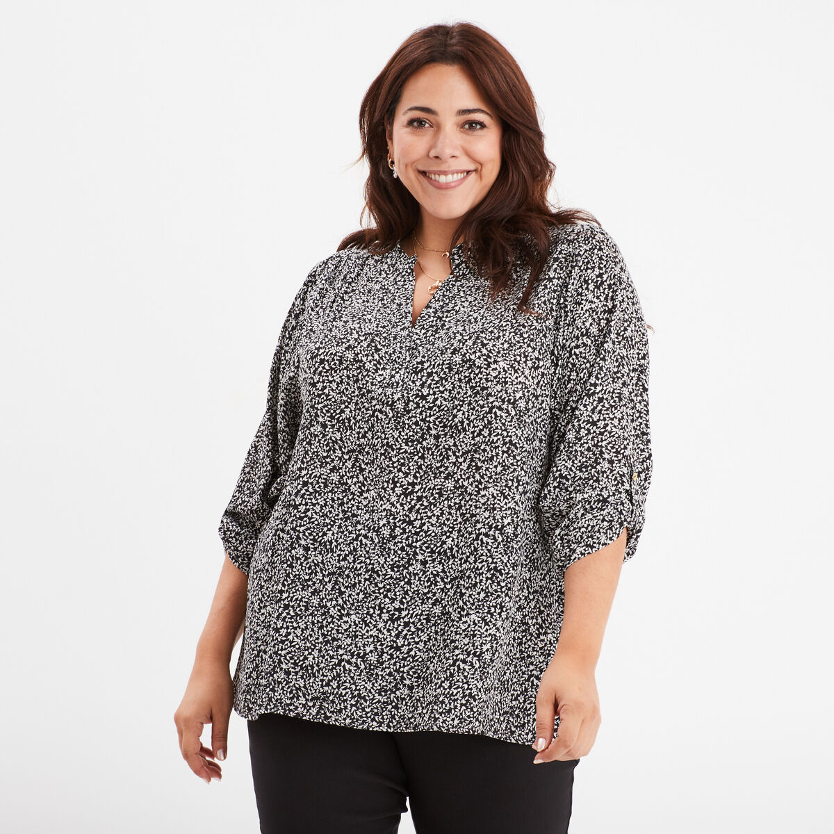 Blouse coupe droite manches 3/4 col en V noir femme grande taille