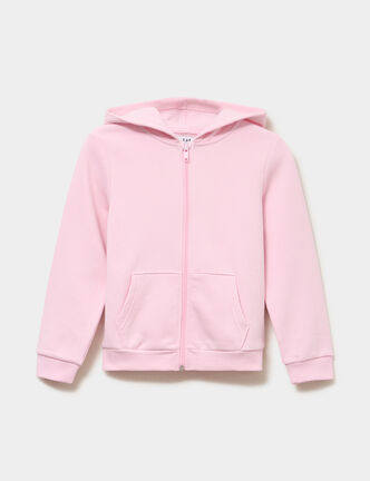 Sweat zipp&eacute; &agrave; capuche droit molleton rose clair fille