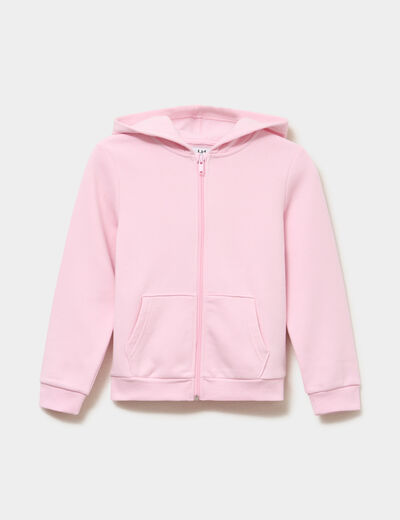 Sweat zipp&eacute; &agrave; capuche droit molleton rose clair fille