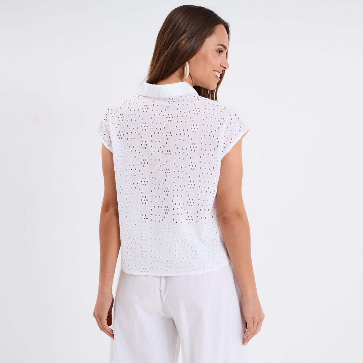 Chemise broderie anglaise sans manches blanc femme