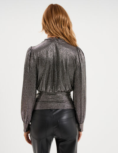 T-shirt m&eacute;tallis&eacute; col lavalli&egrave;re noir femme