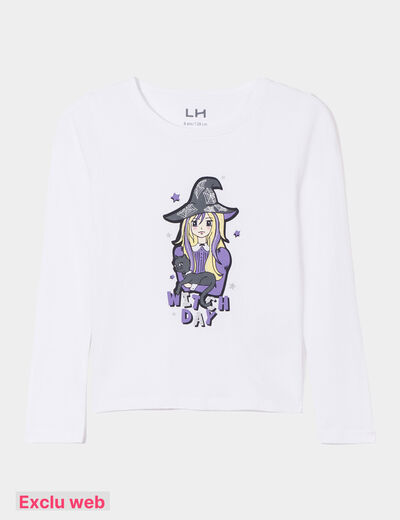 T-shirt Halloween manches longues coton ivoire fille