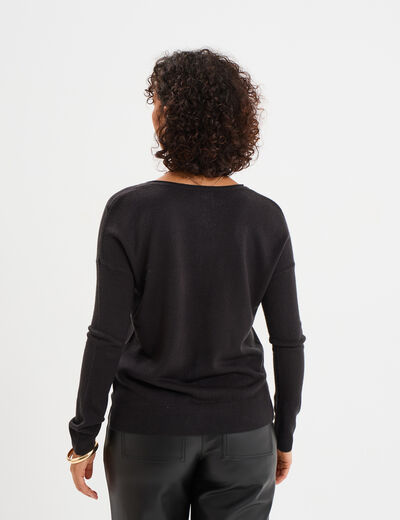 Pull col en V manches longues noir femme
