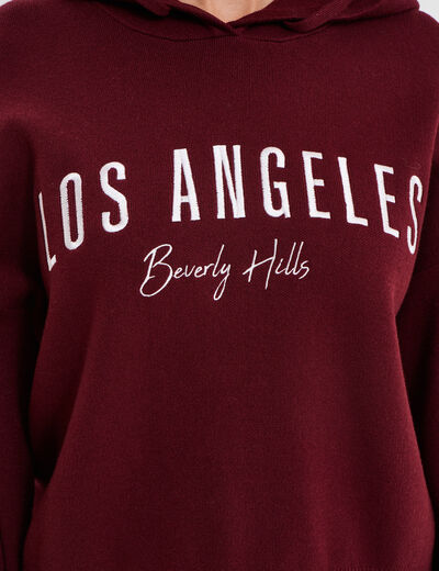Pull à capuche manches longues bordeaux femme