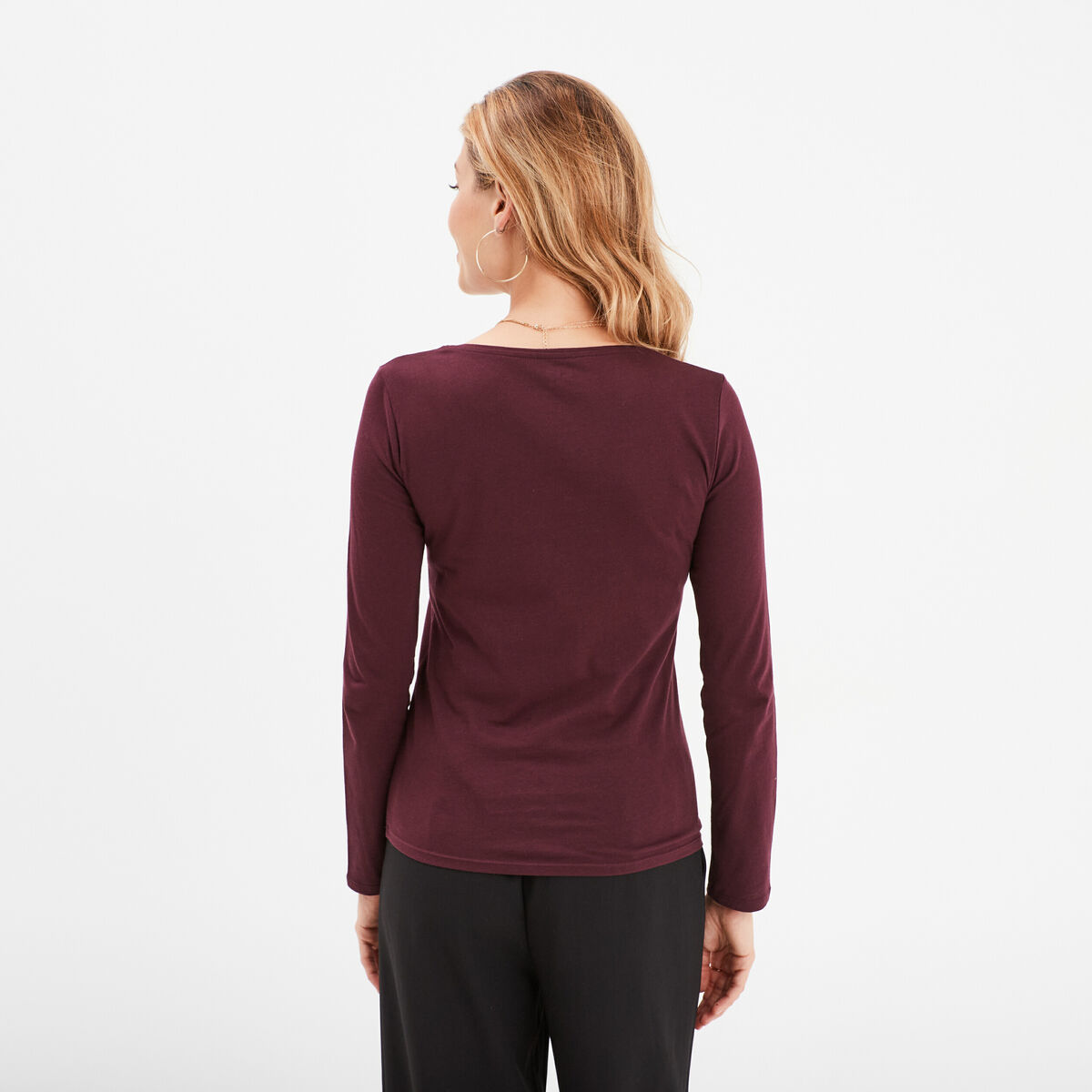 T-shirt coton col rond manches longues prune femme