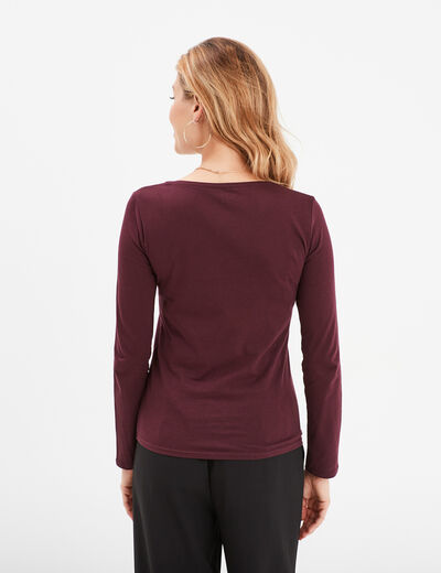 T-shirt coton col rond manches longues prune femme