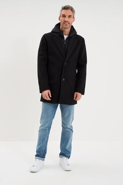 Manteau mi-long 3 en 1 &agrave; capuche noir homme