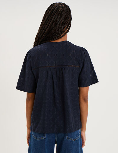Blouse brod&eacute;e col tunisien bleu fonc&eacute; femme