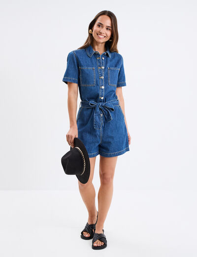 Combishort en jean ceinturée coton denim stone femme